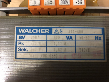 Trafo Walcher Pr. 380 V  / 1,17 A Sek. 220 V / 1,82 A (4)
